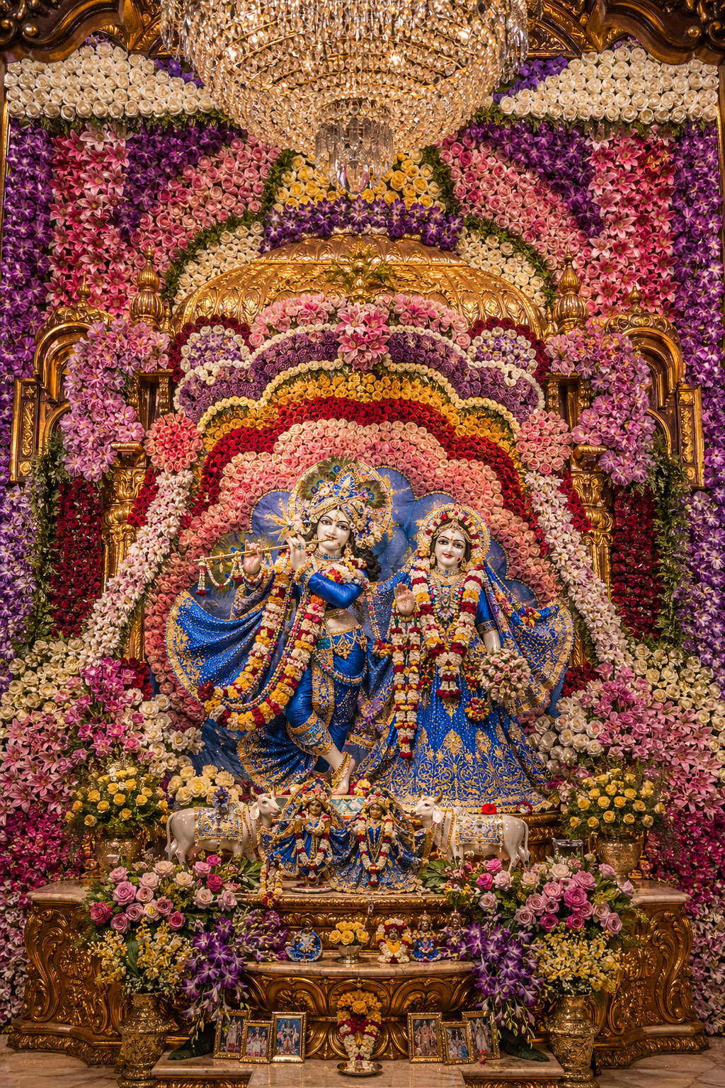 Grand ISKCON temple altar with thousands of flowers in intricate patterns around Radha Krishna deities